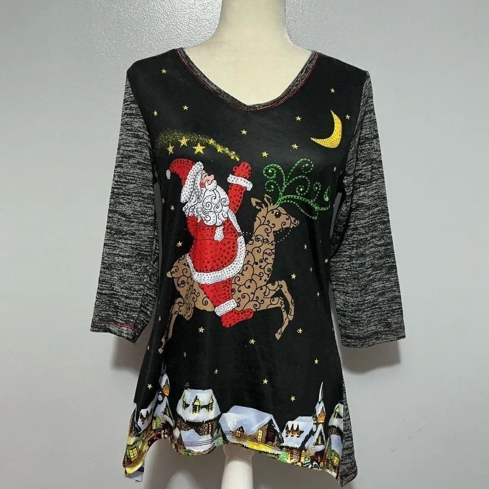 Onque Casual Women's Tunic Top Christmas Santa Reindeer Town Embellished Size M